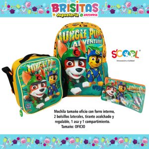 Mochila  Paw Patrol Jungle tamaño Oficio 3 piezas (Marca Scool Original)