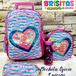 Mochila Corazones  con lentejuelas (4 piezas) Oficio c/luces y ruedas