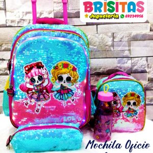 Mochila Niñas kawai  con lentejuelas (4 piezas) Oficio c/luces y ruedas